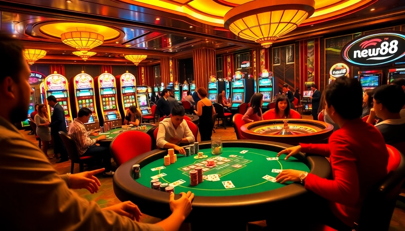 Experience the thrill of new88 at a lively casino table with vibrant poker chips and excited players.
