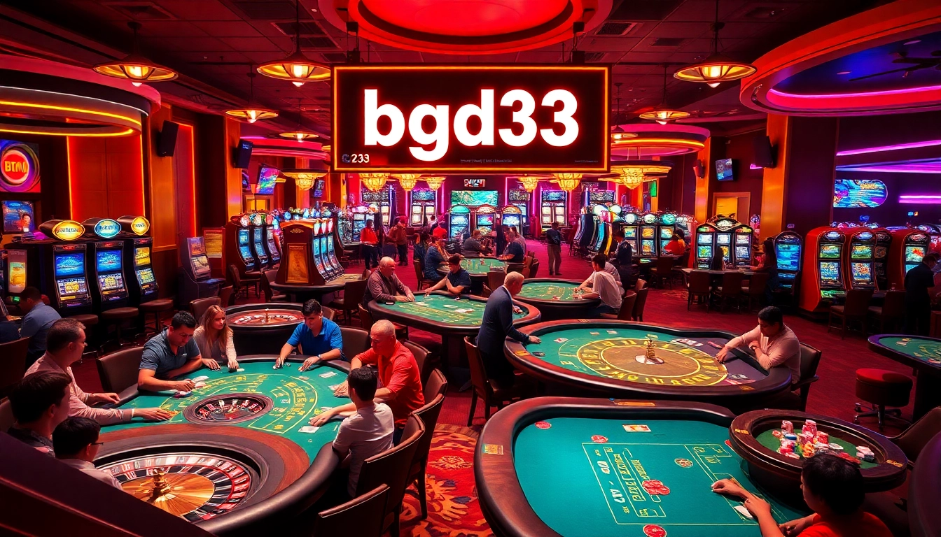 BGD33 casino gaming scene with excited players at poker tables, dice rolling, and vibrant slot machines in the background.