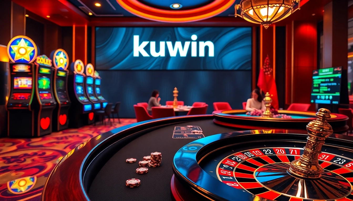 Kuwin online casino showcased with vibrant slot machines and intense poker action.