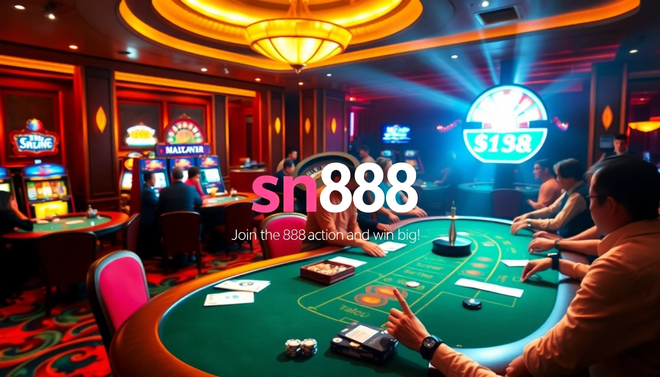 Players enjoying a thrilling casino atmosphere with sn88-themed poker tables and vibrant slot machines.