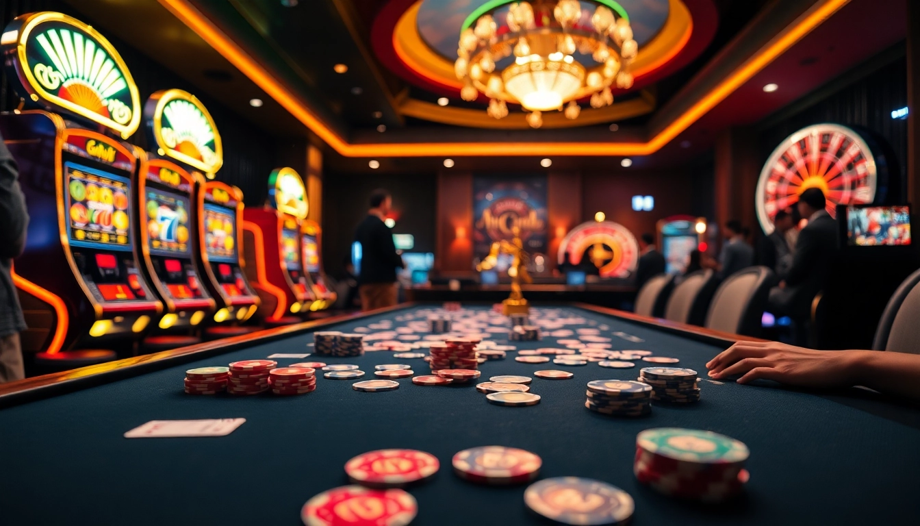 Experience the thrill of winning at okwin, showcasing vibrant casino tables, roulette wheels, and eager players in a luxurious setting.