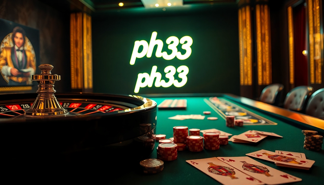 Experience ph33 thrills as poker chips cascade on felt tables, highlighting a luxurious casino atmosphere.