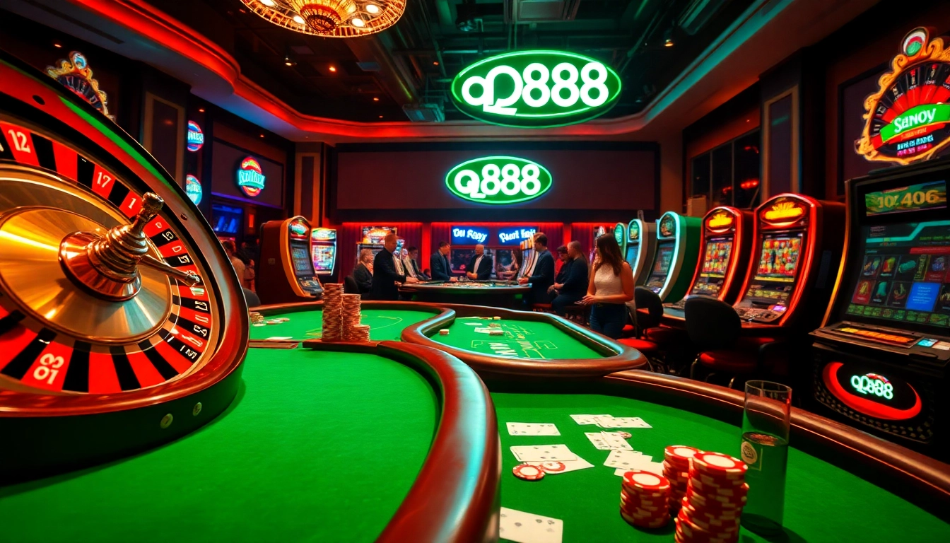Experience the thrill of gambling at qq888's electric casino, featuring vibrant tables, poker chips, and slot machines.
