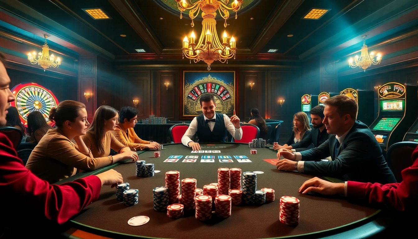 Experience the thrill at 789f.com with players engaging in high-stakes poker surrounded by stunning casino decor.