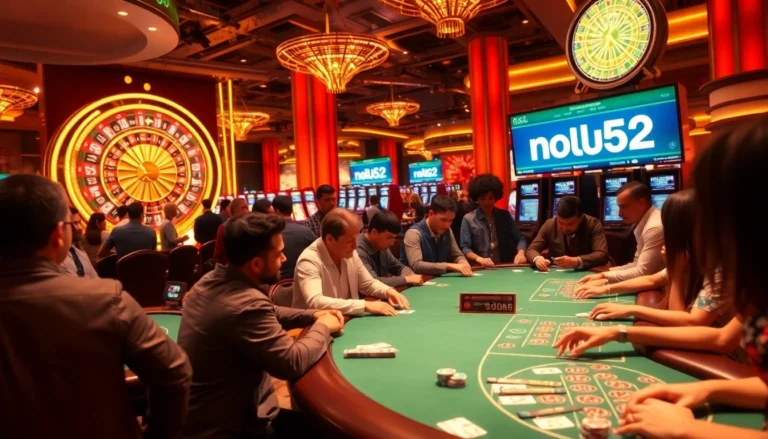 Players at nohu52 engage in thrilling gambling activities with poker chips and roulette wheels.