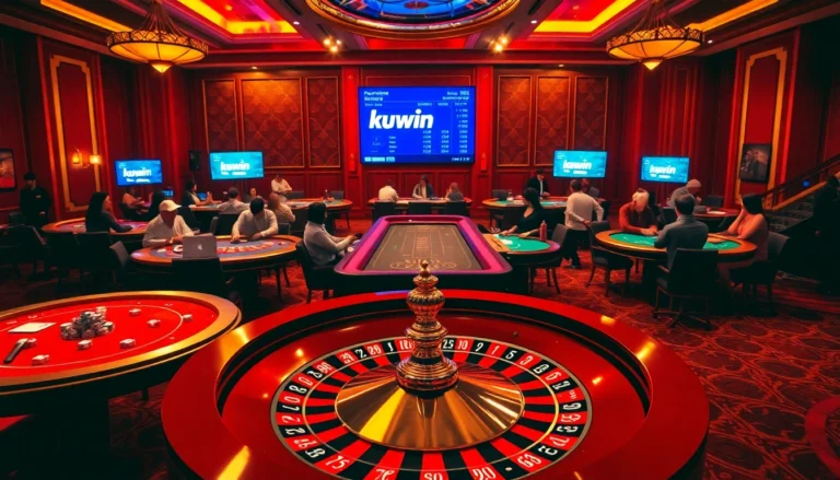 Kuwin casino scene showcasing players at vibrant roulette and poker tables, filled with excitement and anticipation.