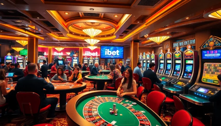 Experience the thrill of betting with ibet at vibrant casino tables filled with players and exciting slot machines.