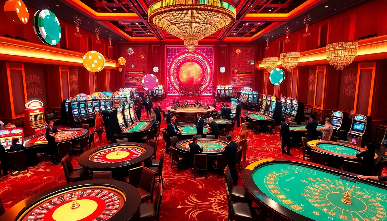 Experience thrilling gaming at 789f.com, highlighted by lively casino tables and vibrant slot machines.
