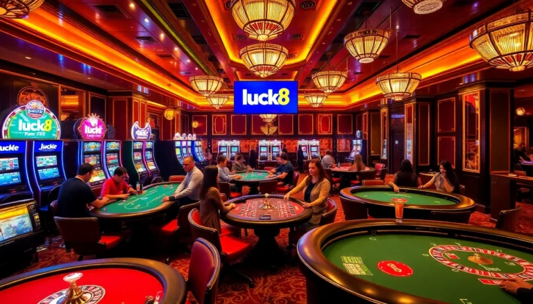 Players enjoy an immersive casino experience at luck8, featuring vibrant tables and dazzling slot machines in action.