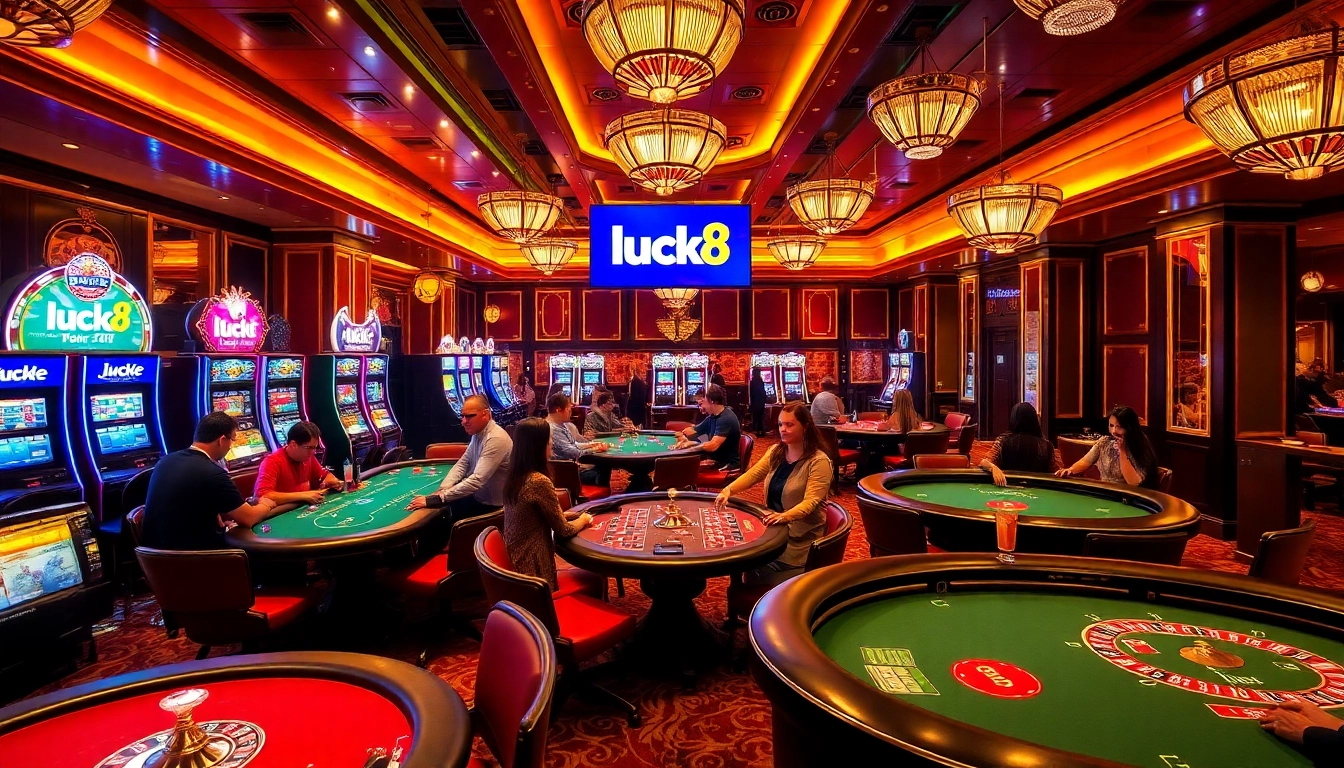Players enjoy an immersive casino experience at luck8, featuring vibrant tables and dazzling slot machines in action.