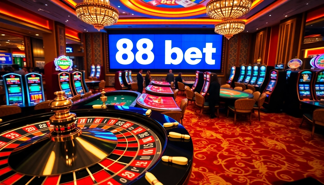 Image showcasing the 88 bet sign in a vibrant casino with players engaging at colorful roulette, cards, and slot machines.