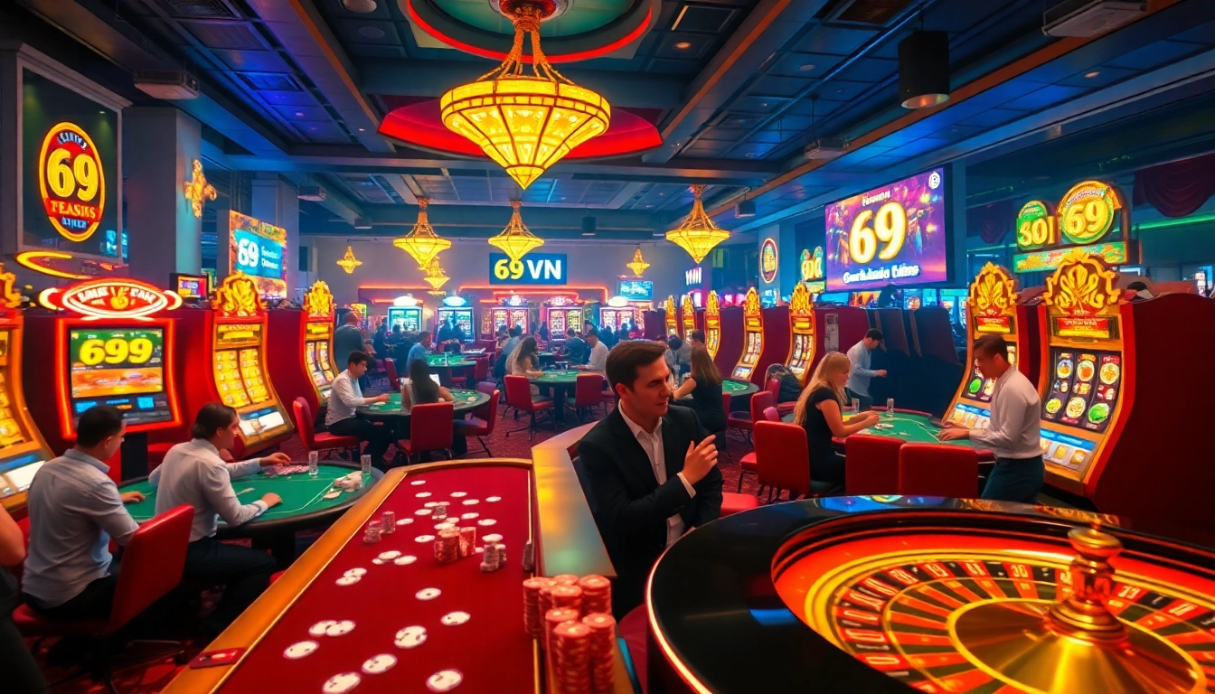 Experience the thrill of gambling at 69 VN, featuring exciting casino tables and vibrant slot machines.