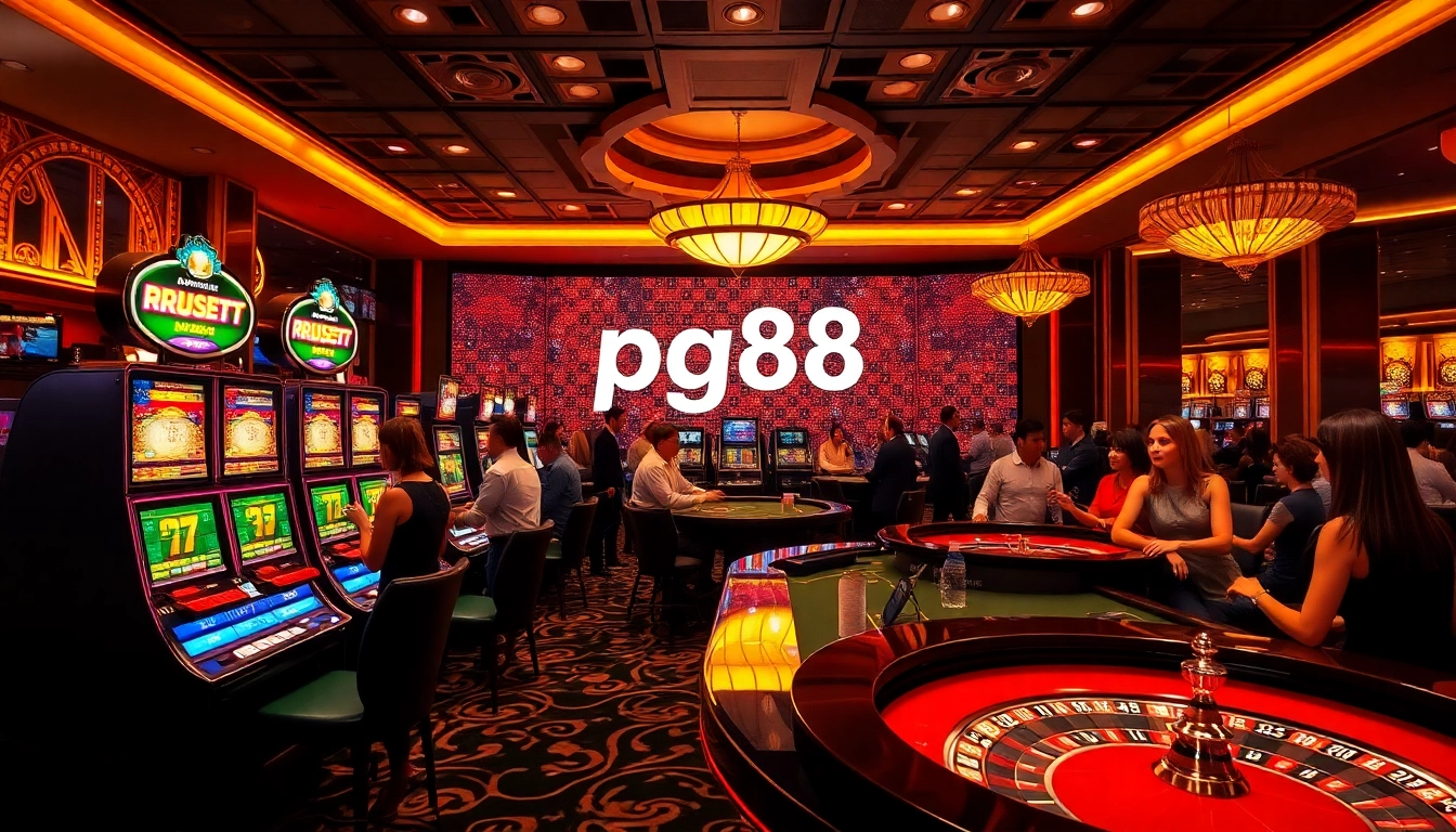 Experience the thrill of pg88 gaming with vibrant slot machines and excited players at a luxurious casino.
