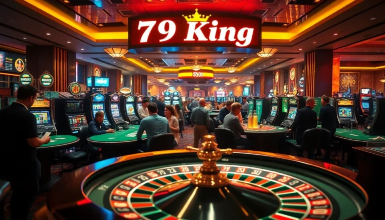 79 King casino scene showcasing intense poker players at a vibrant table, colorful slot machines, and a spinning roulette wheel.